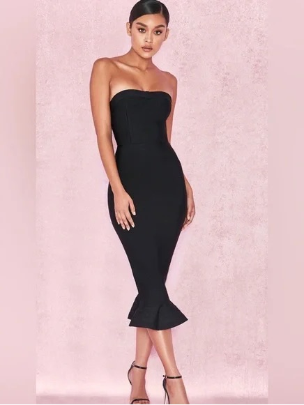 House Of Cb Fabrizio Strapless Black Midi Mermaid Dress Size Small